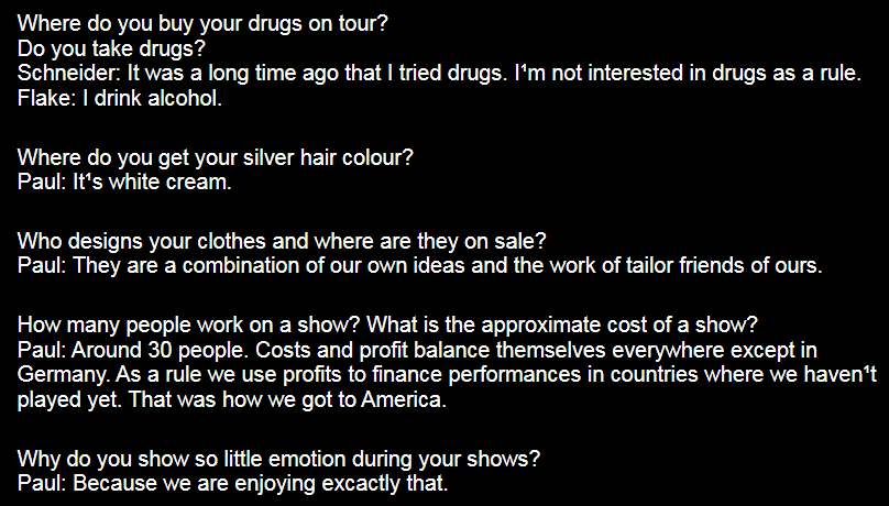 Screenshot of Rammstein official website fan submitted questions from January 2000.
